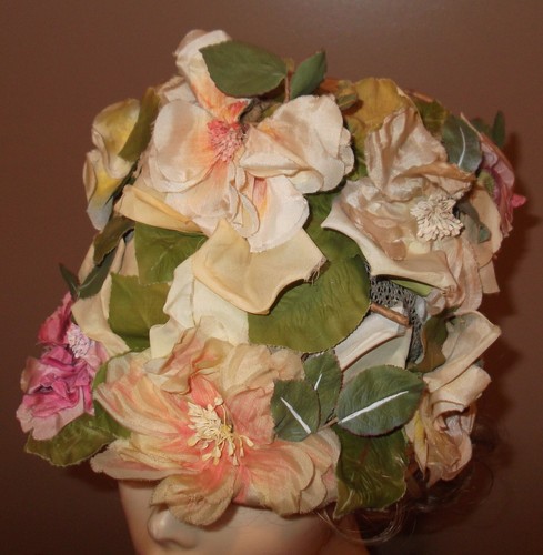 Vtg Showy 1960s Women's Floral Bucket Mesh Hat W/ Fabric Flowers by "Robin, NY" - Picture 6 of 11
