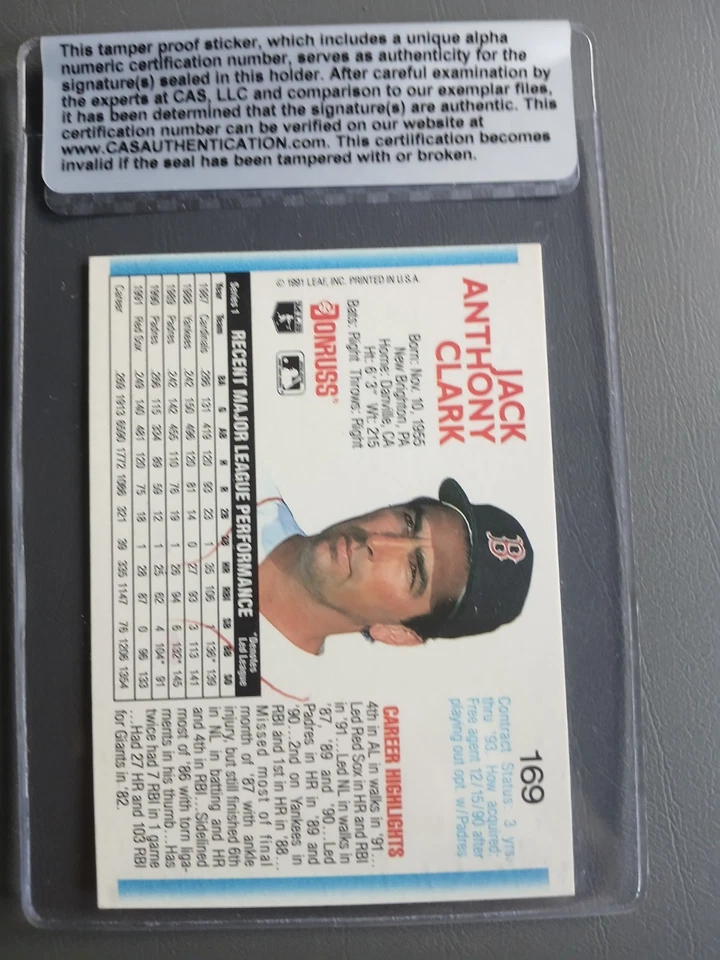 Jack Clark Red Sox 1992 Donruss #169 Autographed "The Ripper"  Authenticated - Image 2 of 2