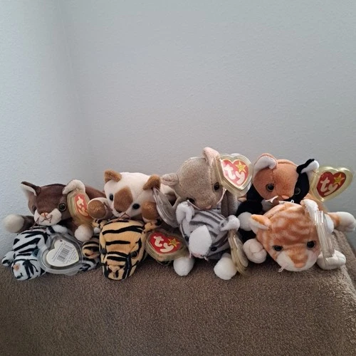 Vintage TY BEANIE BABIES 8 Cat Collection 1995-1999 Chip Snip Stripes Blizzard