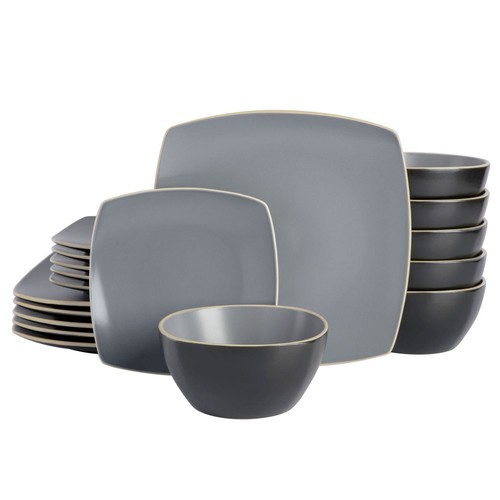 Gibson Soho Lounge 18 Piece Square Stoneware Dinnerware Set in Grey Matte
