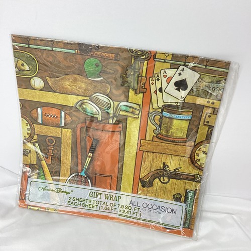 Vintage American Greeting Sportsman Themed Gift Wrap Set 3 Squares New Old Stock - Picture 2 of 10