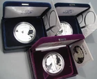 3 PROOF Silver American Eagles. 1986-s, 2007-w, 2008-w. 1 oz .999 each. Box/COA