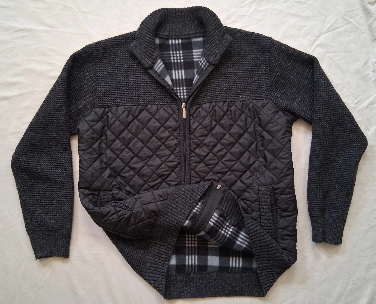 Black Cotton Knit Fleece Lined Zippered Cardigan Sweater Jacket - Large Mens Zip