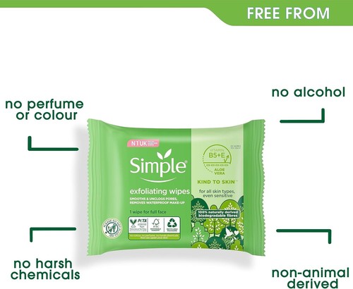 Simple biodegradable Exfoliating Face Wipes cleansing wipes to smooth skin 20x1 - Picture 4 of 6