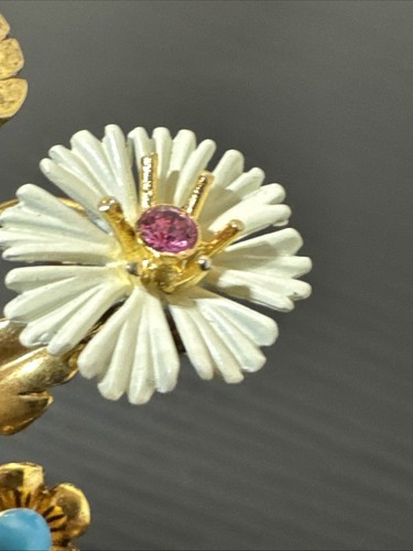 Signed Vintage Joan Rivers Double Flower With Pink and Blue Brooch Pin Gold Tone - Bild 11 von 14