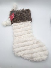 Merry Brite White Faux Fur Christmas Stocking With Pom Poms 19  New