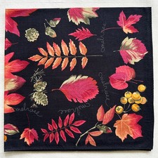 VTG Handkerchief Black Cotton Various Leaf Patterns in Red  Botanical Hanky 19"