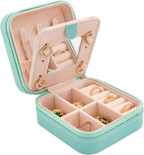 Compact Travel Jewelry Case with Mirror - Perfect Gift for Women Girls Blue