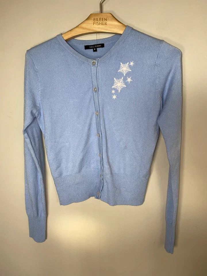 Hell Bunny rare blue embroidered & appliquéd deer cardigan size M UK 10 - Image 2 of 4