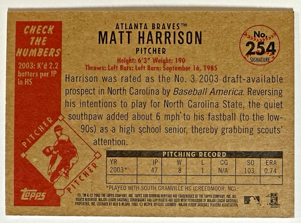 Matt Harrison 2003 Bowman Heritage facsímil firma radiocontrol Atlanta Braves #254 Foto 2 de 2