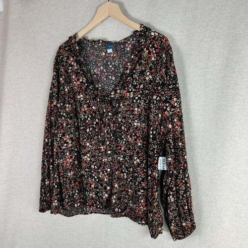 Old Navy Womens Micro Floral Button Up Top Size 2X Peasant Boho Ruffle Vneck NEW - Picture 3 of 12