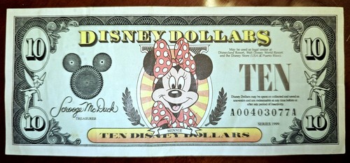 1999 DISNEY - $10 (Ten Dollar) DISNEY Dollar (Minnie Mouse) - Tough date