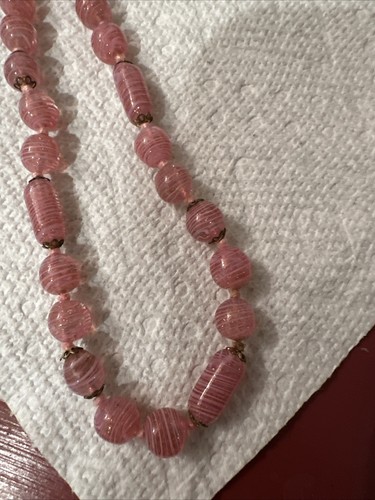 Vintage Venetian Murano Pink & White Sparkled Glass Hand Knotted Necklace - Picture 2 of 6