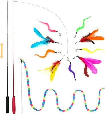 Interactive Cat Kitten Wand Toy Set, 2 Retractable Fishing Pole+1