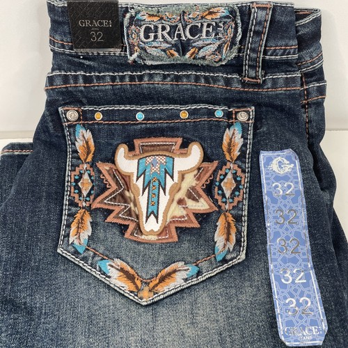 Pantalones de mezclilla GRACE in LA para mujer talla 32 Steer Head adornados ajuste fácil corte bootcut nuevos con etiquetas