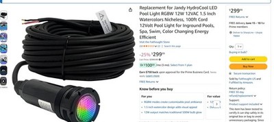 jandy nichless pool light led multi color 1.5'' hydra cool 12v 100 ft Cord