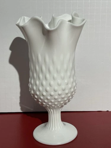 Vintage Fenton Milk Glass Vase  Hobnail Handkerchief Swung Vase 8 3/4” Tall
