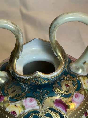 Antico vaso mantello Nippon porcellana dipinto a mano bordo oro floreale - Foto 4 di 14