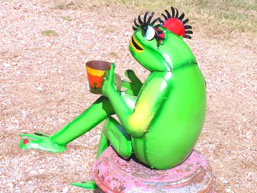 Metallkunst Kaffeefrosch, Trödeleisen, sitzt auf Regal, Stuhl, Garten Blumen Design - Bild 7 von 8