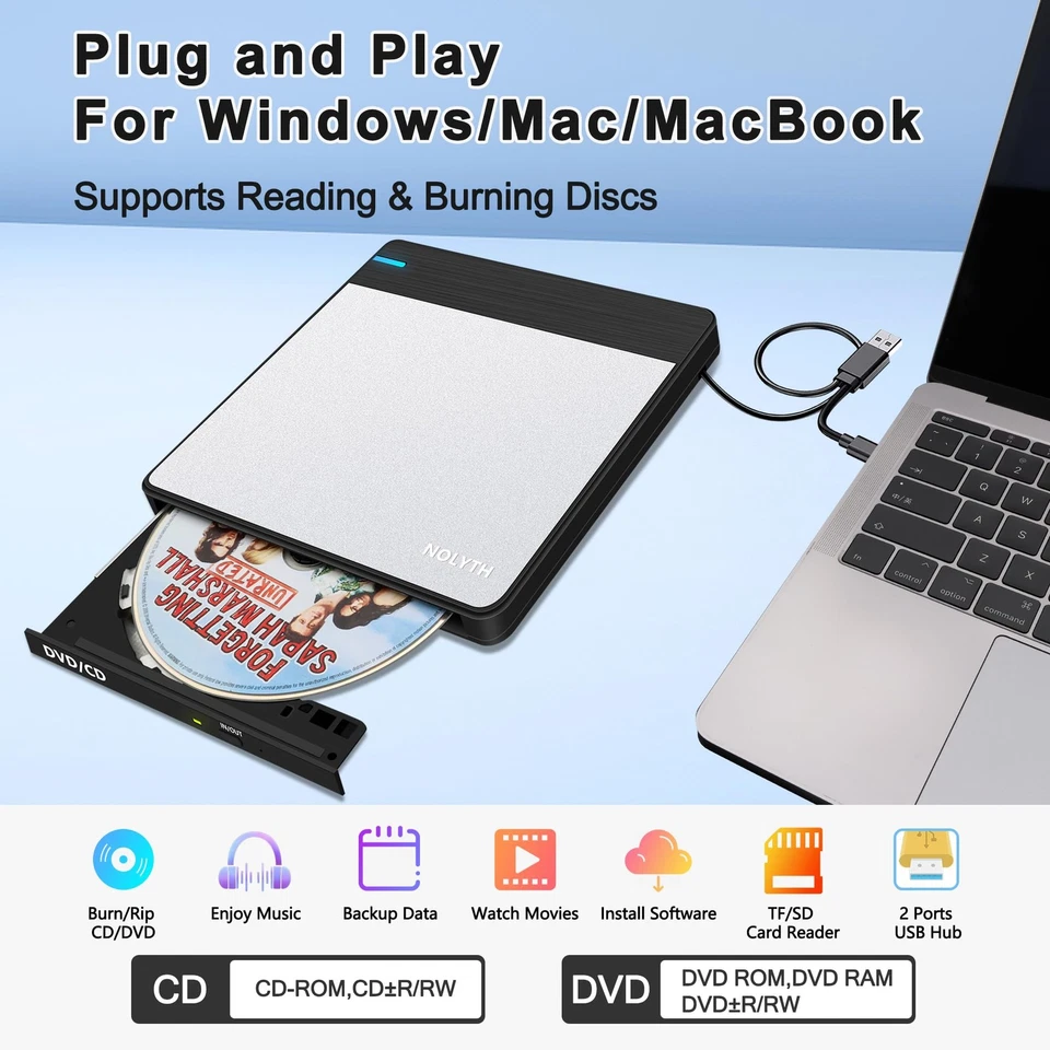 Unidad externa de CD/DVD para computadora portátil grabar DVD y CD para archivos copia de seguridad de datos compatible... Foto 2 de 4
