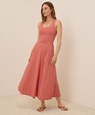 Pact Women's Medium Fit & Flare Open Back Maxi Dress Daytripper Stripe