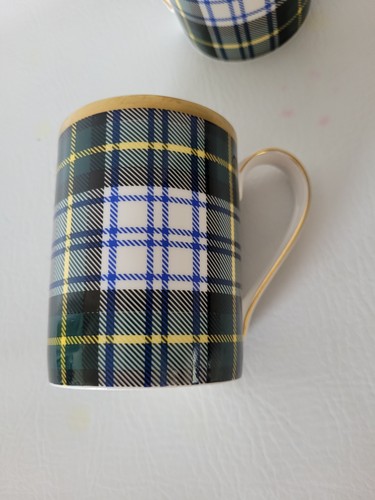 Ralph Lauren Coffee Mugs Dress Gordon Tartan Plaid Gold Trim Set Of 2 Cups - Picture 7 of 7