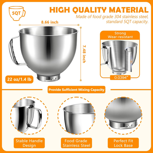 Tazón mezclador de 5 cuartos de galón con tapa para batidoras de pie con cabezal inclinable Kitchenaid, mancha de grado alimenticio - Imagen 2 de 7