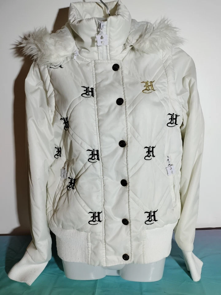Vintage Y2K Hustler White Women's Puffer Winter Jacket Hood Vest Faux Fur Size S Foto 3 de 4