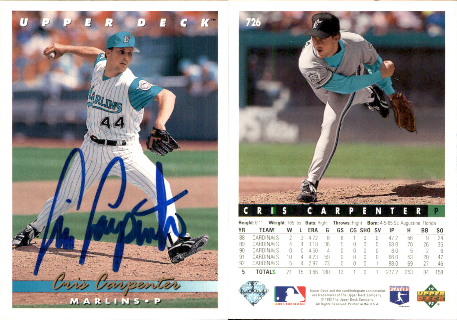 Cris Carpenter Signed 1993 Upper Deck Florida Marlins #726 AU Florida Marlins