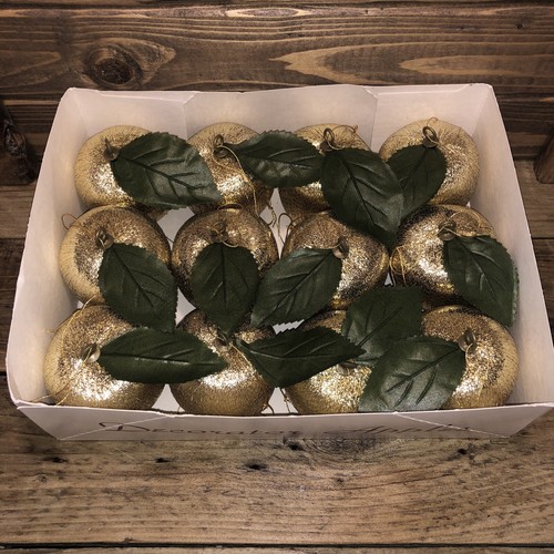 Vintage Ornaments Gold Metallic Apples Lot 12 Rauch Industries USA Original Box