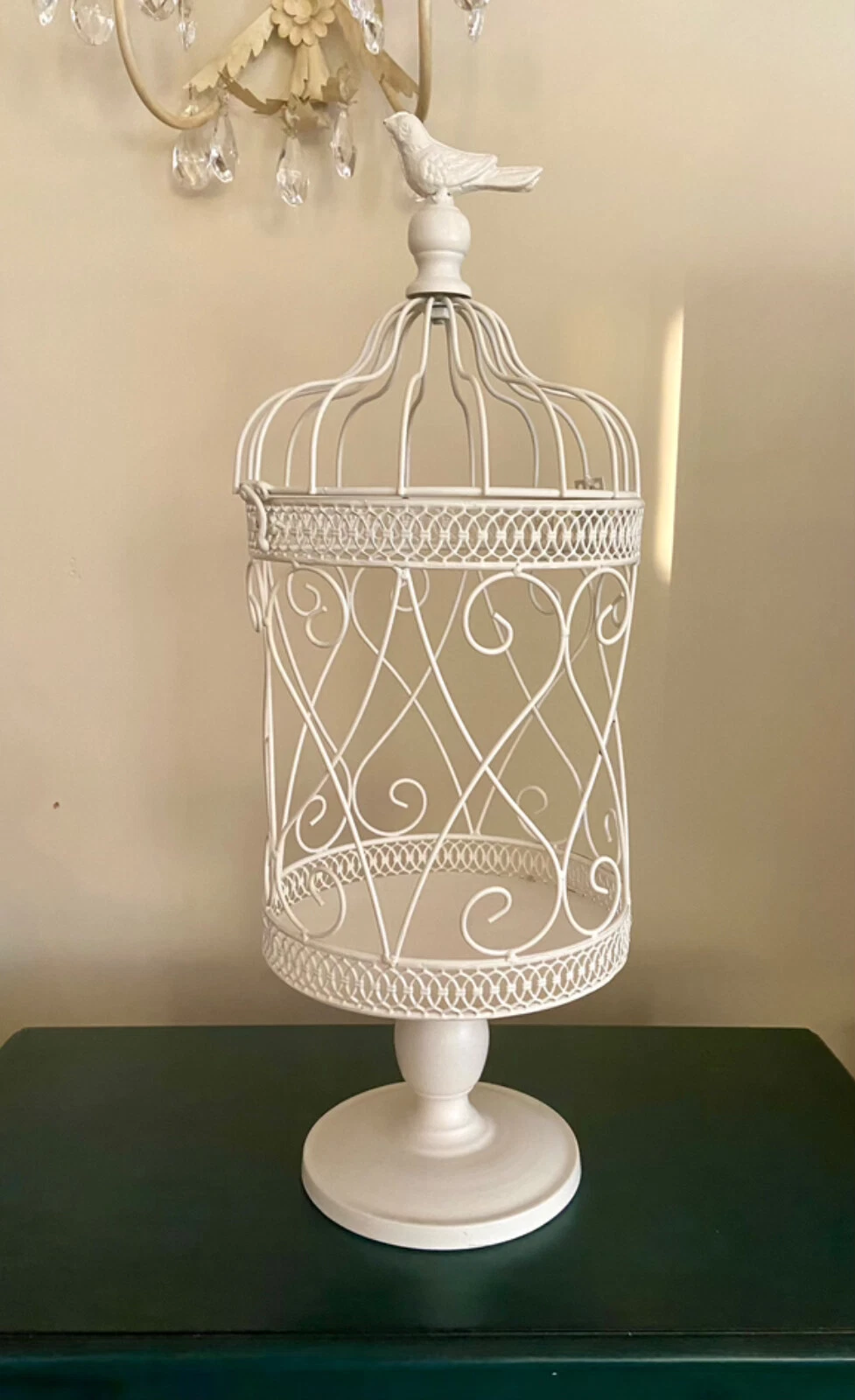 Valerie Parr Hill Antique White 23x8" Metal Pedestal Birdcage with bird finial
