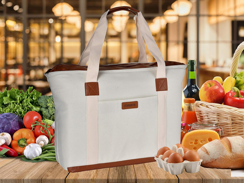 Insulated Grocery Bag with Zippered Top - Thermal Reusable Canvas Shopping Tote - Picture 5 of 12