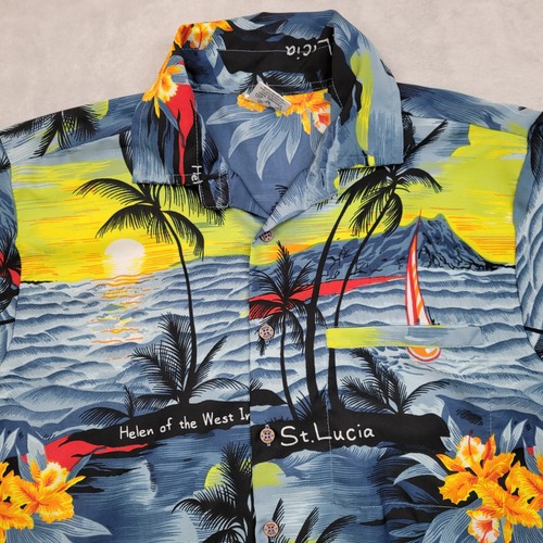 Rima Hawaiian Shirt Mens Small St Lucia Beachworld Batik Palm Tree Helen Indies - Picture 2 of 7