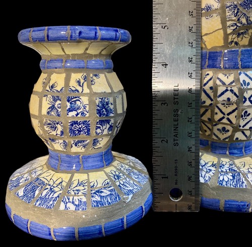 Mosaic Tile Italian Style Candlestick Holders Pedestal Blue White Yellow (three) - Picture 10 of 11
