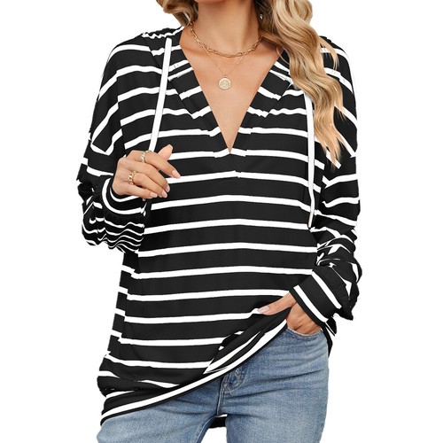 Ladies Autumn Striped Sweatshirts Loose Hooded V Neck Hoodies Tops Pullover SIZE - Picture 5 of 33