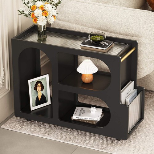 Mobile End Table with Lockable Wheels, Narrow Coffee Table with 5mm Thick Fluted - Picture 14 of 15