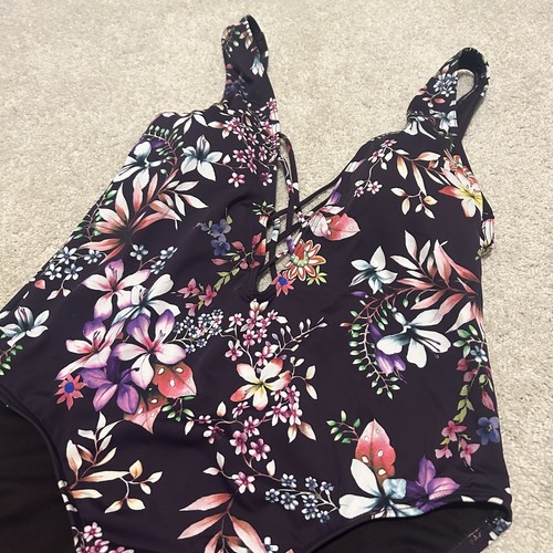 EUC Women's Hobie Dark Purple Floral Highcut Plunge One Piece Swimsuit Size L - Picture 3 of 10