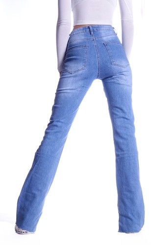 Jeans donna vita alta pantaloni a percussione azzurro taglio dritto bootcut wide leg H9 - Foto 5 di 5