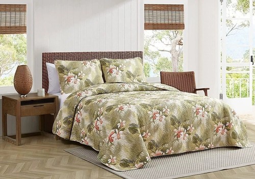 Queen Quilt Set Tropical Floral Orchids Coastal Exotic Green Blue Bahama 3Piece - Picture 7 of 24