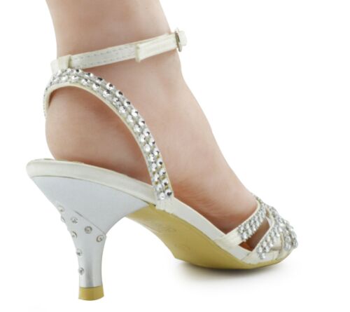 LADIES WOMENS KITTEN HEEL DIAMANTE WEDDING BRIDAL BRIDESMAID SANDALS SIZE 3-9 S8 - Picture 11 of 11