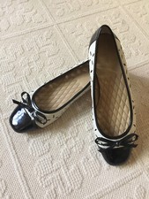 BLACK/CREME WHITE LASER CUT LEATHER BALLET FLATS. SZ. 7. UK SZ. 5. GENTLY WORN 
