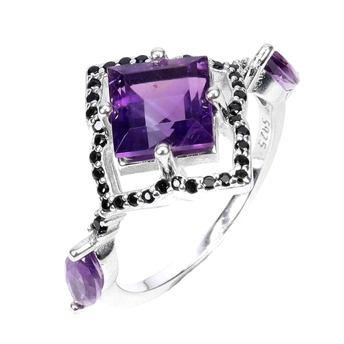 NATÜRLICHER RING QUADRATISCHER AMETHYST & SCHWARZER SPINELL 925 STERLINGSILBER 14 KWgp gr.6,5 - Bild 2 von 3