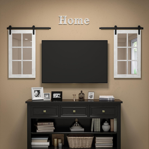 Farmhouse Sliding Barn Door Mirror - 34" X 28" Rustic Wood Window Mirror Wall De - Picture 2 of 9