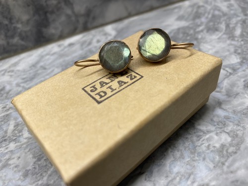 Orecchini Cerchio a Goccia Labradorite Vintage Mai Indossati JANE DIAZ ORO ROSA 10KT - Foto 5 di 6