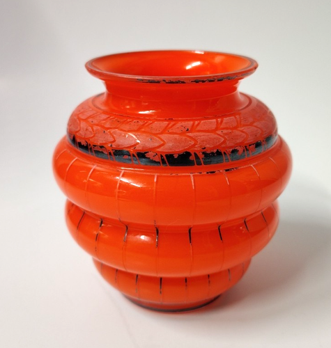 Antique Art Deco Czechoslovakian Art Glass Vase Tall - Orange with Silver Loetz