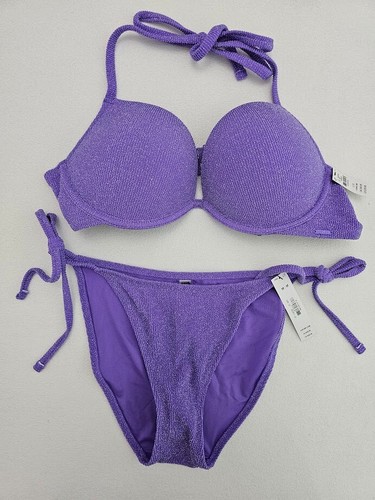 Victoria Secret Underwire Super Push Up Bikini Top Large & Bottom Medium Purple