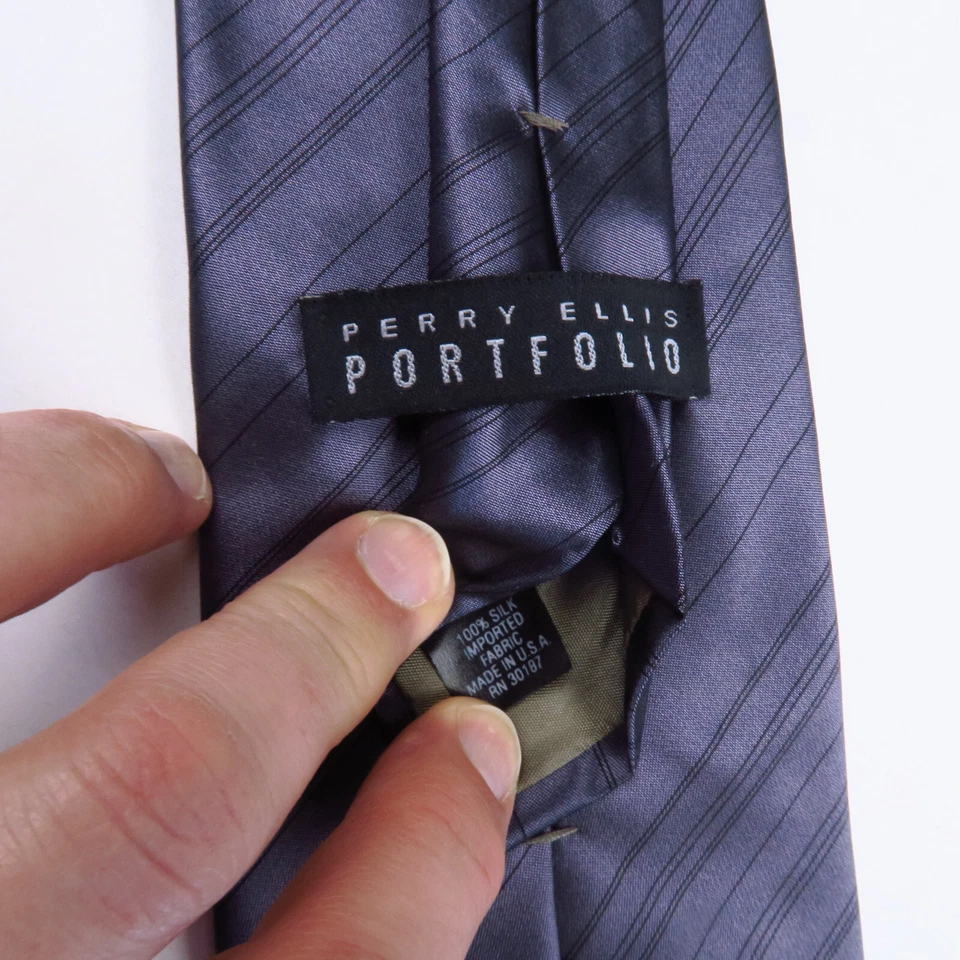 Perry Ellis Portfolio Purple Black Diagnonal Fine Stripes Mens Neck Tie 57x4 Mod - Image 3 of 4