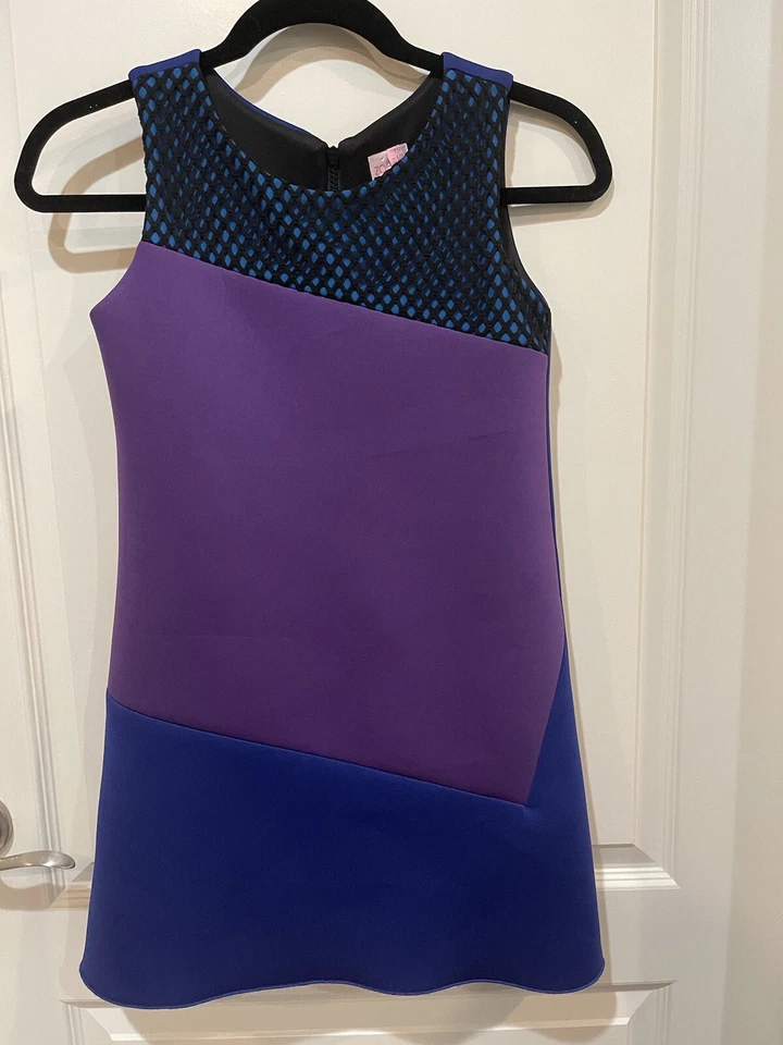Vestido Zoe LTD Niñas Talla 12 Bloque de Color Línea A Tejido Buceo Púrpura Azul Fiesta ¡GUAU! Foto 3 de 4