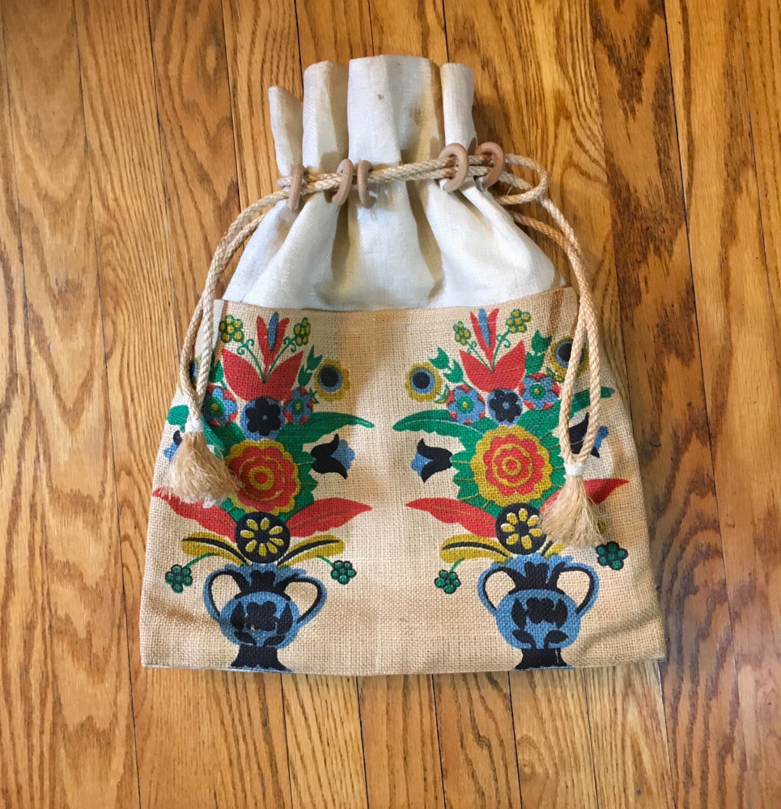 Screen Printed Burlap Rope Drawstring Boho 1970's… - image 1