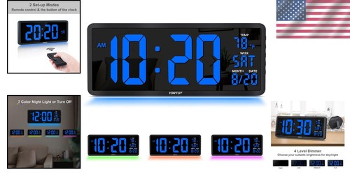 Stylish Blue Digital Wall Clock with Remote, Nightlight & Adjustable Brightness - Picture 2 of 9